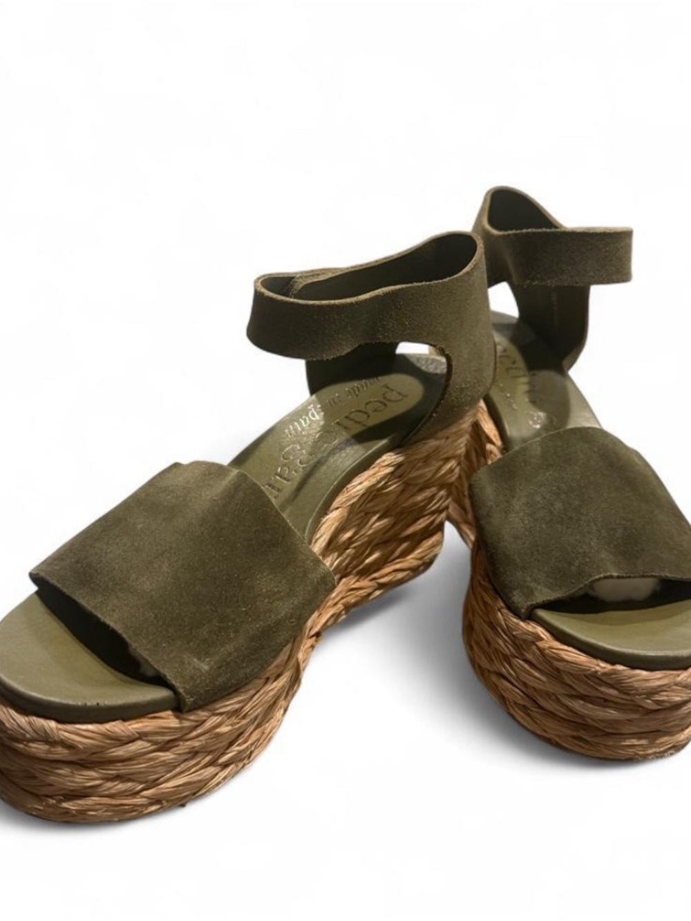 Pedro Garcia Olive Suede Wedge Sandals with Braided Espadrille Platform